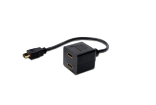Kabel HDMI Y-rozbočovač, HDMI TypeA - 2x HDMI Typ A, 0,2m, CU, AWG30, stíněný, M / F, UL, pozlacený, černý