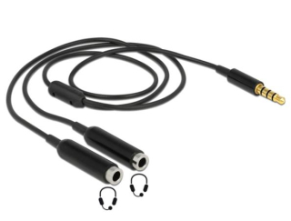 Delock adaptér stereo jack 3,5 mm samec,4 pin > 2 x stereo jack 3,5 mm samice,4 pin,25cm,černý