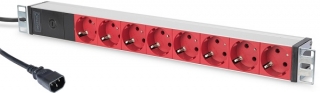 DIGITUS 1U Hliníkové PDU, do stojanu, 8x červený CEE 7/7 10A zástrčka, 250VAC 50/60 Hz, Přípoj C14