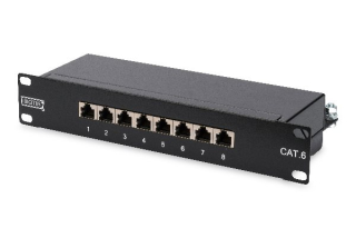 Digitus CAT 6, patch panel třídy E, stíněný, 8 portů RJ45 8P8C, LSA, 1U, 254 mm (10 "), montáž do stojanu, černá