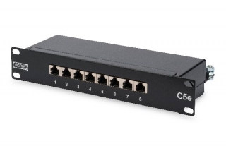 Digitus CAT 5e, patch panel třídy D, stíněný, 8 portů RJ45 8P8C, LSA, 1U, 254 mm (10 "), montáž do stojanu, bl RAL 9005