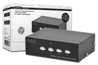 Digitus VGA přepínač, 4 vstupy, 1 výstup 250MHz, vč. napájení DC9V, 300 mA, Max. 1080p