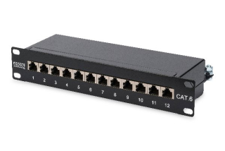 Digitus CAT 6, patch panel třídy E, stíněný, 12 portů RJ45 8P8C, LSA, 1U, 254 mm (10 "), montáž do stojanu, bl RAL 9005