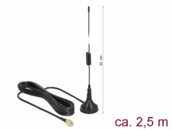 Delock LTE Anténa SMA samec 90° 2,5 dBi všesměrová pevná s magnetickou základnou a připojovací kabel RG-174 2,5 m venkov