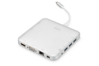 DIGITUS Univerzální dokovací stanice, USB-C, 11 portů 3x video, 1x USB-C, 3x USB3.0, RJ45, 2x čtečka karet, stříbrná hlíník