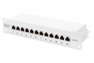 DIGITUS CAT 6, patch panel třídy E, stíněný, 12 portů RJ45 8P8C, LSA, 1U, 254 mm (10 "), montáž do stojanu, šedá