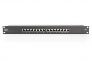 DIGITUS CAT 6, patch panel třídy E, stíněný, 16 portů RJ45, 8P8C, LSA, 1U, montáž do stojanu, černá, 482x44x109