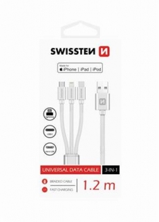 SWISSTEN DATOVÝ KABEL TEXTILE 3in1 MFi 1,2 M STŘÍBRNÝ