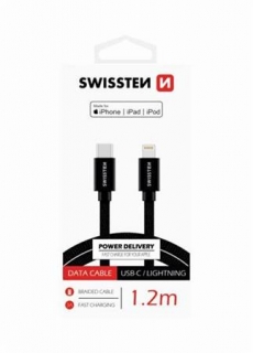 SWISSTEN DATOVÝ KABEL TEXTILE USB-C / LIGHTNING MFi 1,2 M ČERNÝ