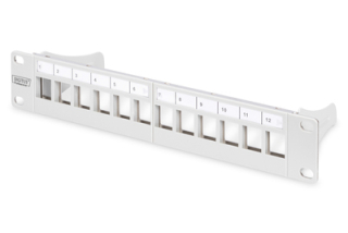 DIGITUS Modulární propojovací panel, stíněný, 12 portů, 1U, 254 mm (10 "), montáž do stojanu, šedá RAL 7035
