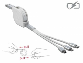 Delock Zatažitelný kabel USB 3 in 1 pro konektory osmipinový / Micro USB / USB Type-C™, bílý