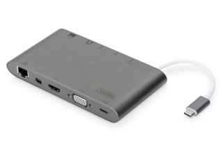 DIGITUS Univerzální dokovací stanice, USB-C, 11 portů, šedá 3x video, 1x USB-C, 3x USB3.0, RJ45, 2x čtečka karet