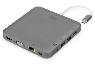 DIGITUS Univerzální dokovací stanice , USB-C, 11 portů, šedá 3x video, 1x USB-C, 3x USB3.0, RJ45, 2x čtečka karet