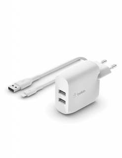 Belkin Duální USB-A domácí nabíječka 2x12W, lightning kabel, bílá