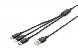 USB nabíjecí kabel, 3 v 1 , USB A - Lightning+micro B+Type-C 1m, kabel, bavlna, CE, bl