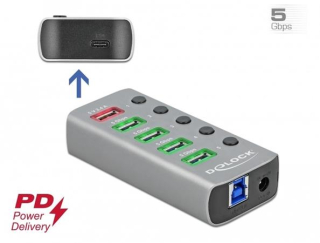 Delock Rozbočovač USB 3.2 Gen 1 se 4 porty + 1 rychlonabíjecím portem + 1 portem USB-C™ PD 3.0 s přepínačem a osvětlením