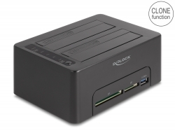 Delock Duální USB dokovací stanice pro 2 x HDD / SSD SATA s funkcí klonování a čtečkou karet + přídavný port USB