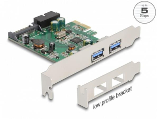 Delock PCI Express x1 Karta na 2 externí rozhraní USB 3.2 Gen 1 Typu-A + 1 x interní 19-pinovou zástrčkovou hlavici USB