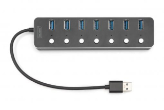 Digitus USB 3.0 rozbočovač, 7 portů, přepínač Hliníkové pouzdro, včetně zdroje 5V/2A