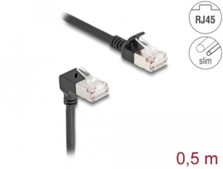 Delock Síťový kabel RJ45 Cat.6A S/FTP, Slim, zalomený dolů o 90° / přímý, 0,5 m, černý