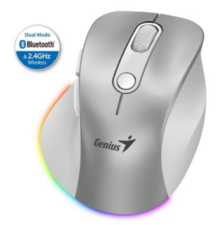 Genius Ergo 9000S Pro Myš, bezdrátová, optická, 2400DPI, 6 tlačítek, BT, 2,4GHz, USB-C nabíjení, tichá, 7barevné podsv.,stříbrná