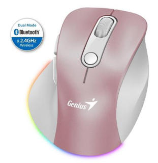 Genius Ergo 9000S Pro Myš, bezdrátová, optická, 2400DPI, 6 tlačítek, Bluetooth, 2,4GHz, USB-C nabíjení, tichá, 7bar.pods. růžová